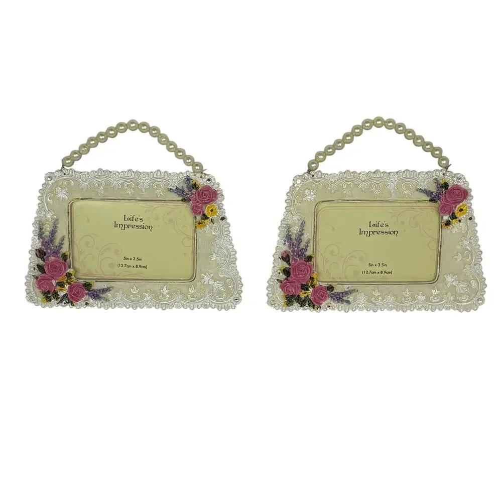 Set of 2‎ Life’s Impression Floral Picture Frames Pearl Handle 5x3.5 No Glass